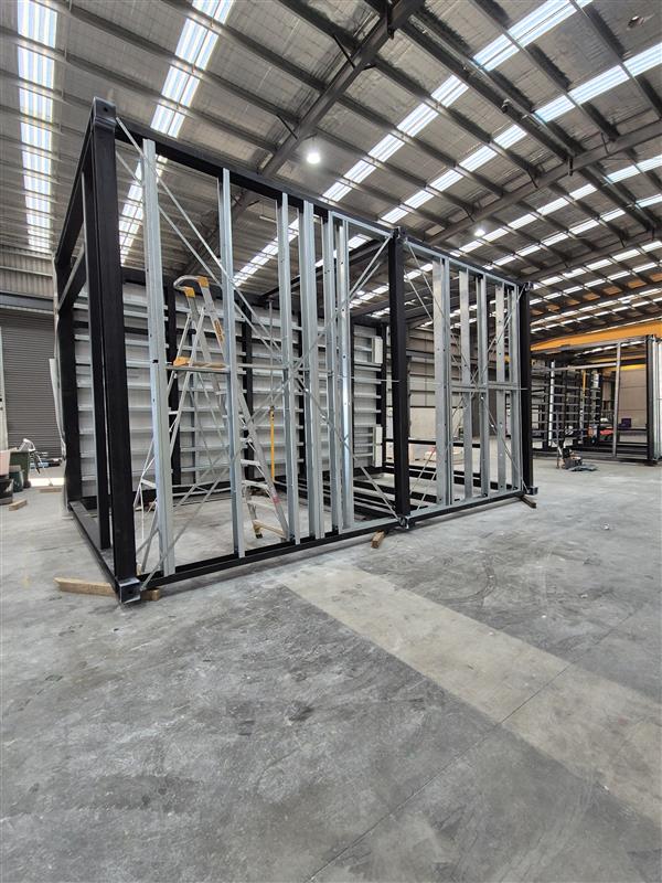 Structural steel frame in workshop